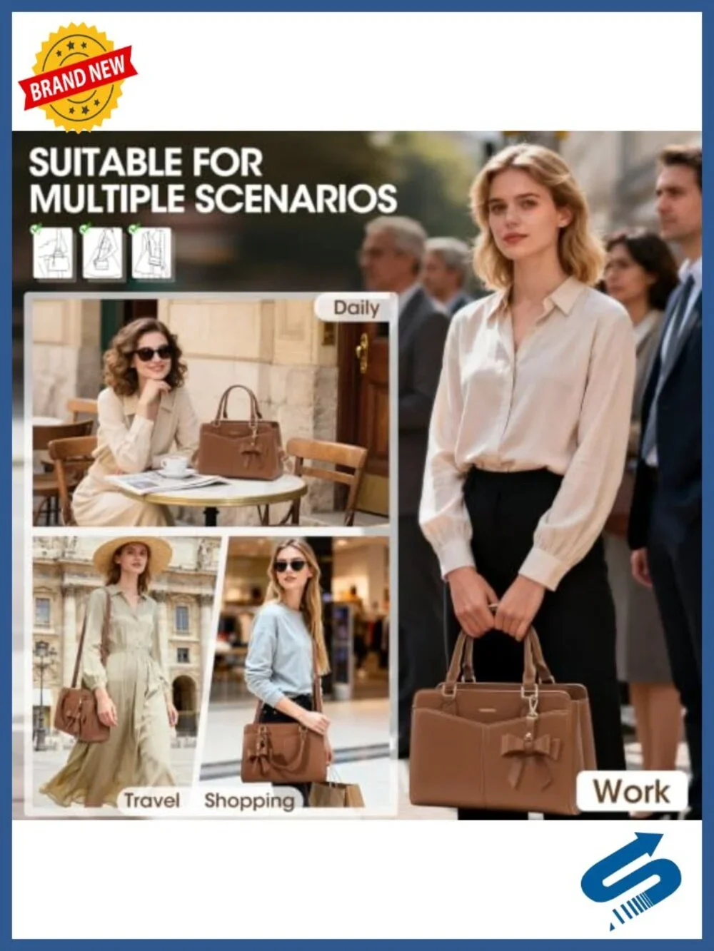 PU Leather Satchel Purse for Women Structured Work Handbag with Bowknot